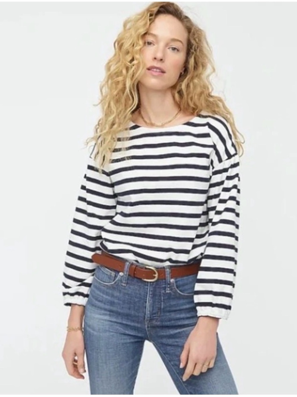 J Crew Mariner Cloth Puff-Sleeve Top in White Faded Poppy Stripe Size Medium